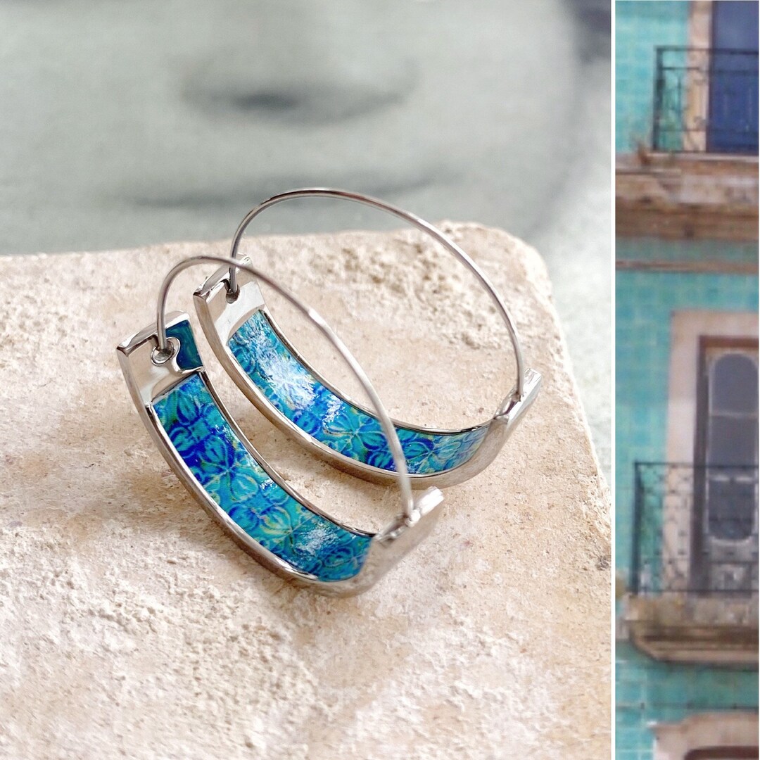 Atrio Small Hoop Earrings Portugal Tile Turquoise Azulejo Caldas Da