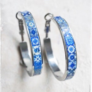 Hoops Earrings Atrio Tile Portugal Stainless Steel Antique Azulejo  1 1/4"  Blue Tiles Small and Lightweight Hypoallergenic Silver Stainless