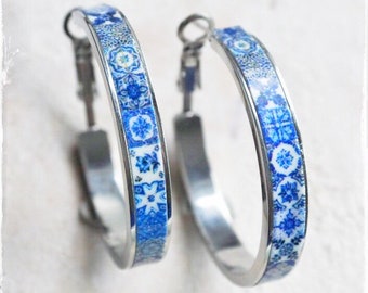 Hoops Earrings Atrio Tile Portugal Stainless Steel Antique Azulejo  1 1/4"  Blue Tiles Small and Lightweight Hypoallergenic Silver Stainless