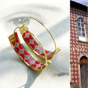 Pendientes pequeños de aro Atrio con azulejos portugueses de acero inoxidable, base plana, azulejos antiguos - Azulejos rojos, envío a EE. UU., 1 pulgada