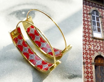Small Hoops Atrio Earrings Tile Portugal Stainless Steel Flat Bottom Antique Azulejo - RED Tiles USA Shipping 1"