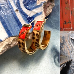 Atrio Hoop Earrings Post Leopard Chinoiserie Asian Red Fresco Bird  Portugal Aveiro Convent Safari Stainless Steel  1&quot; Gold or Silver