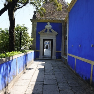 May include: A stone walkway leads to a doorway with a blue and white archway. The walls are painted a vibrant blue with yellow trim. The walkway is shaded by a tree.