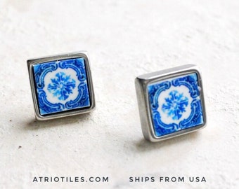 Stud Earrings Tile Portugal Blue SOLID Stainless Steel Posts ATRIO Ovar - Blue Hypo Allergenic Gift Box Included Ships from USA 439