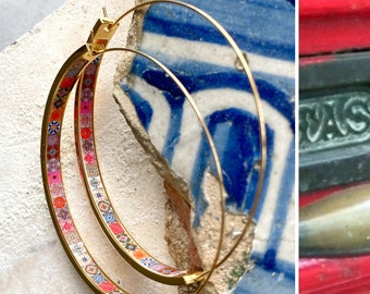 Hoops Atrio Earrings Red Tile Portugal Azulejo STAINLESS STEEL Wire Flat Bottom Lightweight 2" Rose, Silver or Gold Tone Ships from USA