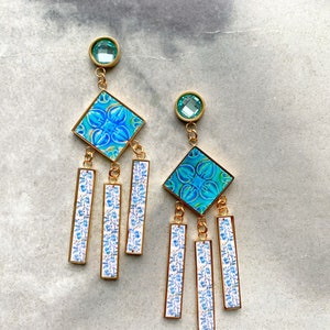 Atrio Fringe Earrings Tile Dangle Portugal Azulejo - Glass Studs Hypo allergenic Stainless Steel  3&quot; Ships from USA