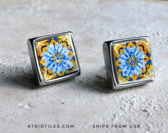 Stud Earrings Portugal Tile Atrio SOLID STAINLESS Steel 17th Century Gold Blue Azulejo - Tomar Convent of Christ built in 1160 Majolica  641