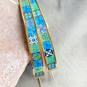Earrings Atrio THREADER Portugal Tile Turquoise Azulejo Caldas da Rainha  Gift Boxed  Hypo Allergenic minimal OUTER