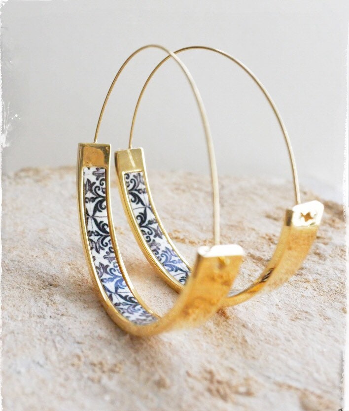 Atrio Hoops Earrings Black and White Tile Portugal 1.75" Azulejo STAINLESS Steel Hypoallergenic Church of Mercy PoRTO Ships from USA 4.5cm