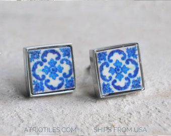 Stud Ohrringe Portugal Tile SOLID Edelstahl Beiträge Antike Azulejo - BRaGA Blau Hypo Allergenic Schiffe aus den USA - Geschenkbox SMALL