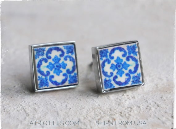 Stud Earrings Portugal Tile SOLID Stainless Steel Posts Antique Azulejo - BRaGA Blue Hypo Allergenic Ships from USA - Gift Boxed SMALL