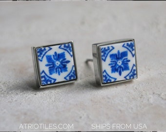 Earrings STUD Portugal Blue Tile Azulejos Post Blue Igreja de Sao Nicolau, 1671 SoLID Stainless Steel - Gift Boxed  USA Shipping SMALL