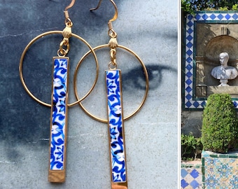 Atrio Hoop Earrings Tiles Circle Bar Óbidos  Majolica Stainless Steel Hypoallergenic Minimal Ships from USA Gold or Silver Gift for Her