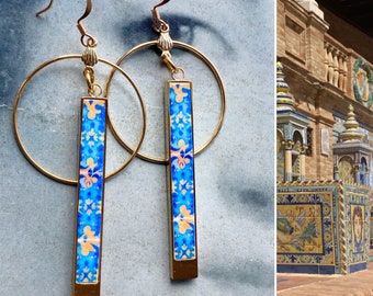 Spanish Tile Circle Bar Earrings Spain Earrings Plaza de Espana Seville Tile earring Atrio Tiles Boho Atrio Tile ethnic Earrings Blue Orange