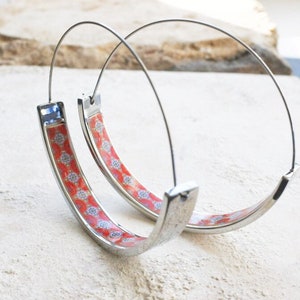 Hoops Atrio Earrings Tile Portugal Stainless Steel Flat Bottom Antique Azulejo - RED Tiles USA Shipping NEW 1.75&quot; or 4.5cm Lightweight