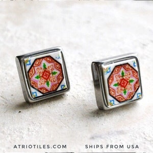 Stud Earrings Portugal Tile Atrio Pink SOLID STAINLESS Steel Antique Azulejo Tile EsMORIZ  Gift Box Included - Ships from USA 389