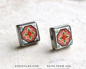 Stud Earrings Portugal Tile Atrio Pink SOLID STAINLESS Steel Antique Azulejo Tile EsMORIZ  Gift Box Included - Ships from USA 389