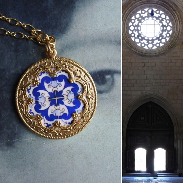 Atrio Necklace Blue Portugal Tile Azulejo Tile AvEIRO Blue and Sao Miguel Ponta Delgada USA Shipping 14k Gold filled Chain Rose Window