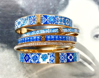 Atrio Bangles Bracelets STAINLESS STEEL Set Portugal Tile Border Blue Azulejo -  Set of 5 - Size 8 Ships from USA Gold or silver Tone