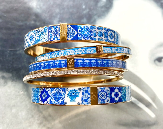 Atrio Bangles Bracelets STAINLESS STEEL Set Portugal Tile Border Blue ...