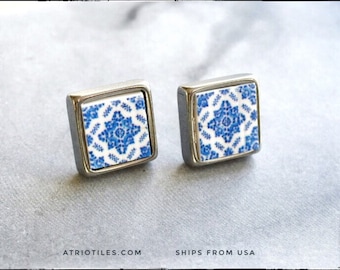 Stud Earrings Blue Tile Portugal Atrio Post  Azulejo SOLID Stainless Steel Hypo allergenic Foto Lisboa, Ovar 1892 USA Shipping 645