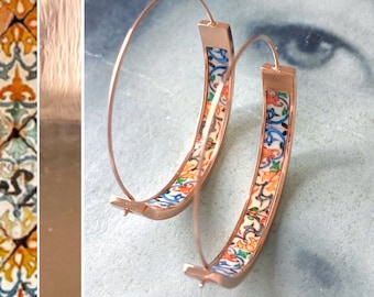 Hoop Earrings ATRIO Portugal Tile Antique Azulejo Pinterest CoIMBRA 1590  Stainless Steel 1.50" Gift Box Included - Ships from USA Rose Gold
