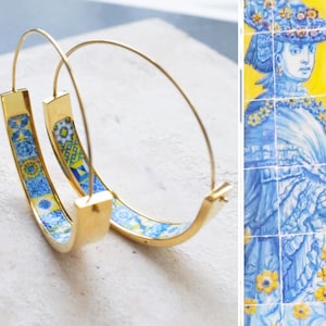 Hoops Atrio Earrings Tile Portugal Stainless Steel Flat bottom Antique Azulejo -  1.50 Blue and Yellow Tiles USA Shipping