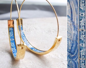 Atrio Hoops Earrings Tile Blue Portugal Evora STAINLESS STEEL Wedding Bridal Earrings Delicate 1.5&quot; Ships from USA Gift for her Gold Tone