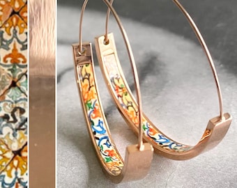 HOOP Earrings ATRIO Portugal Tile Antique Azulejo Pinterest CoIMBRA 1590 -  Stainless Steel 1.50” Gift Box Included Ships from USA Rose Gold