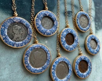 Atrio Necklace Tile Portugal Antique Azulejo  Escudo Coin 14k Gold Filled 24" Chain OPTION Church of Mercy PoRTO Ships from USA
