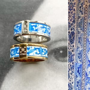 Atrio Ring Tile Portugal Stainless Steel Antique Azulejo The Palace of the Marquesses of Fronteira Ships from USA Gold or Silver