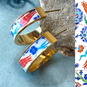 Atrio Hoops Earrings PERSIAN Arab Turkish İznik Pottery Ottoman Islamic Tulip  -  USA Shipping 1&quot; Outer Stainless Steel with Gold wash