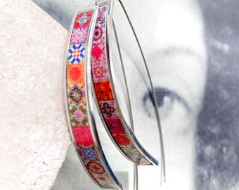 THREADER Earrings Atrio Tile Portugal Stainless Steel  Azulejo  Pink and Red Tiles USA Shipping Buried Treasure OUTER