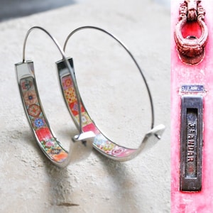Pendientes ATRIO Aros Azulejos Portugal Acero Inoxidable Azulejo Antiguo - 1.50&quot; Azulejos Rosados y Rojos Envíos a EE. UU.