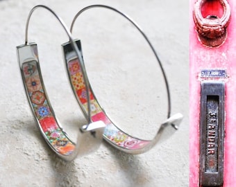 Earrings ATRIO Hoops Tile Portugal Stainless Steel Antique Azulejo -  1.50"  Pink and Red Tiles USA Shipping