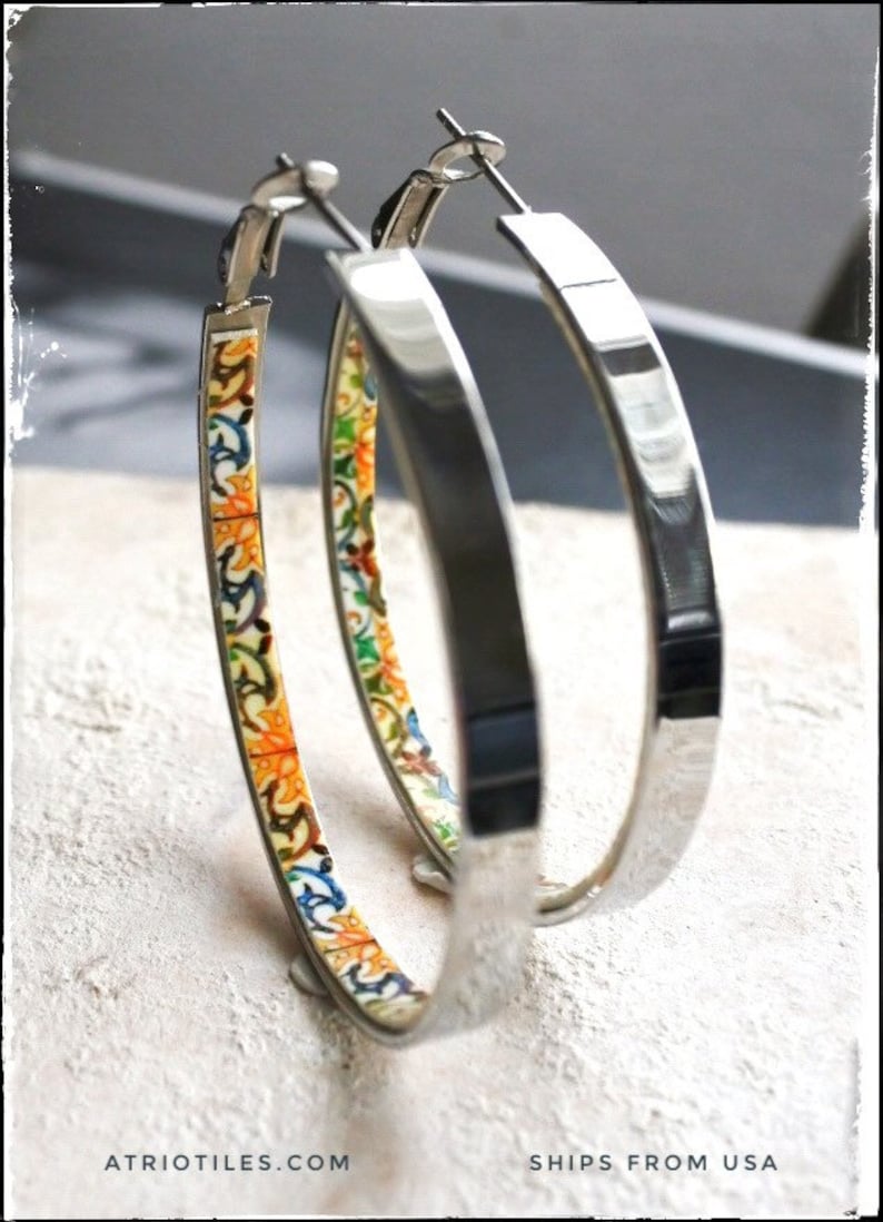 5cm Gift Box Included Ships from USA HOOP Earrings ATRIO Portugal Tile Antique Azulejo Pinterest CoIMBRA 1590-2
