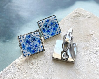 Cuff Links Men Portugal Tile Atrio Azulejo Majolica, AvEIRO Blue Gift Box Included Groom Wedding Formal wear Gold or Silver Stainless