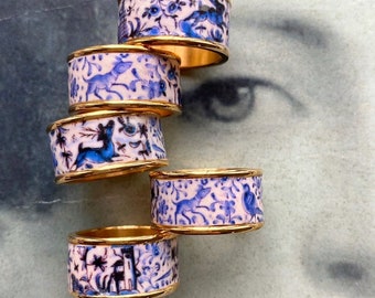 Blue and White Porcelain Silver Rings boho Ring ceramic Ring