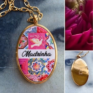 Atrio Necklace Madrinha Godmother Mother&#39;s Day Personalized Tile Portugal Azulejos Atrio Custom Talavera Mosaic Stainless Steel or 14k Gold