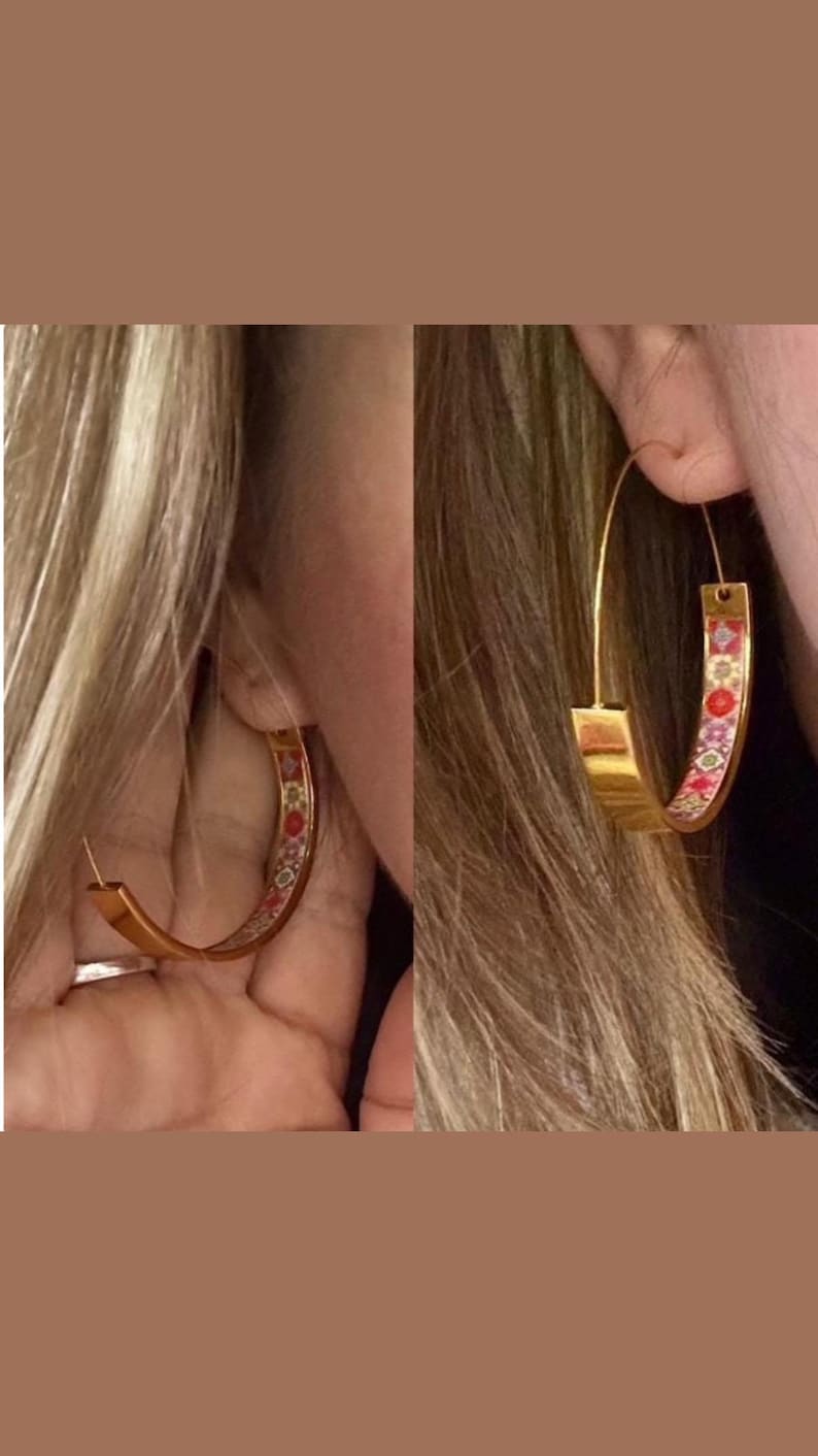 Hoops Earrings Atrio Tile Portugal Stainless Steel Azulejo - 1.75" Pink and Red Tiles 4.5cm Lightweight! Ships from USA image 11