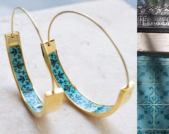 Hoops Earrings ATRIO Hoops Tile Portugal Stainless Steel Antique Azulejo - 1.50" Sea Green Border, Lisbon  Hypo allergenic Aqua