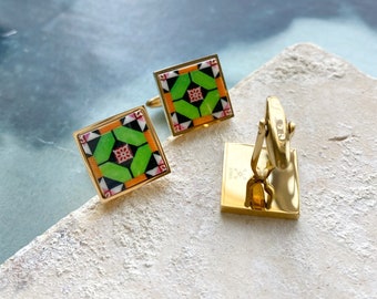 Atrio Cuff Links Green Tile Portugal Antique Azulejo  OVAR Portugal - Green Geometric Groom Gift  USA Shipping  Gold or Silver Stainless