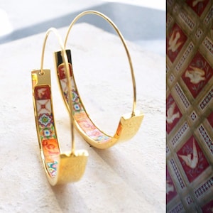 Earrings Atrio Hoops Tile Portugal Stainless Steel Antique Azulejo -  1.50&quot;  Red and Pink Tiles USA Shipping