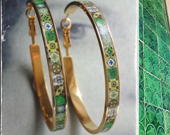 Earrings ATRIO Jewelry Hoops Tile Portugal Stainless Steel Antique Azulejo -  2" or 5cm  Green Tiles Ships from USA