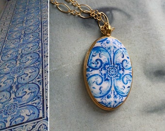 Atrio Necklace Blue Tile Majolica Delft Portuguese Tiles  University of Évora founded in 1559 14k Gold Filled or 925 Silver 24" Chain