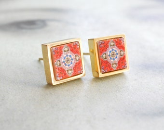 Stud Earrings Red Tile Portugal Azulejo - Válega SOLID Stainless Steel Posts  Hypo Allergenic - for Her - Gift Boxed 598 SMALL Gold Tone