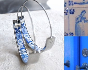 Earrings ATRIO Hoops Tile Portugal Stainless Steel Antique Azulejo -  1.50&quot;  Blue Tiles USA Shipping