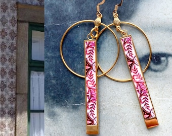 Atrio Earrings Red Tile Circle Bar Portugal Antique Azulejo - Ovar Pink Gold or Silver Stainless Steel Ships from USA