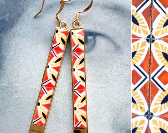 Atrio Earrings Matchstick Tile Portugal Red Earrings Tribal Earrings Ethnic Earrings Ethnic Hoops   - Aveiro Red Gift Boxed  USA Shipping