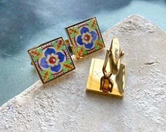ATRIO Cuff Links Tile Portugal Azulejo Portuguese Porto Blue Flower Gift Boxed Ships from USA Groom Gift Gold or Silver Stainless